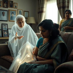 A dramatic yet humorous scene inside a cozy, well-furnished living room that creatively blends family tension and supernatural elements