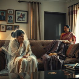 A dramatic yet humorous scene inside a cozy, well-furnished living room that creatively blends family tension and supernatural elements