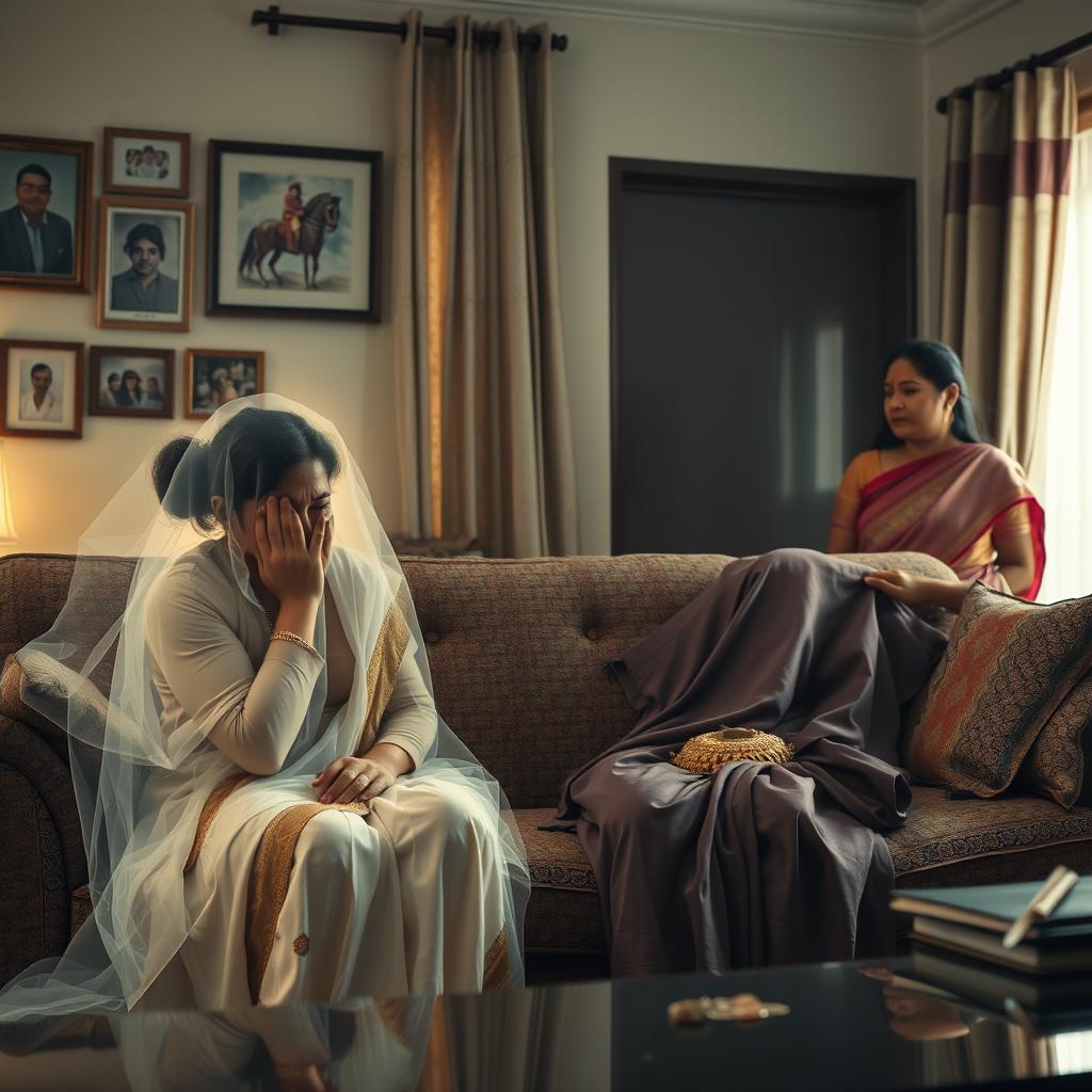 A dramatic yet humorous scene inside a cozy, well-furnished living room that creatively blends family tension and supernatural elements