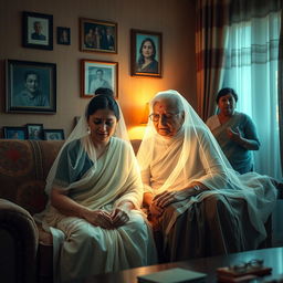 A dramatic yet humorous scene inside a cozy, well-furnished living room that creatively blends family tension and supernatural elements