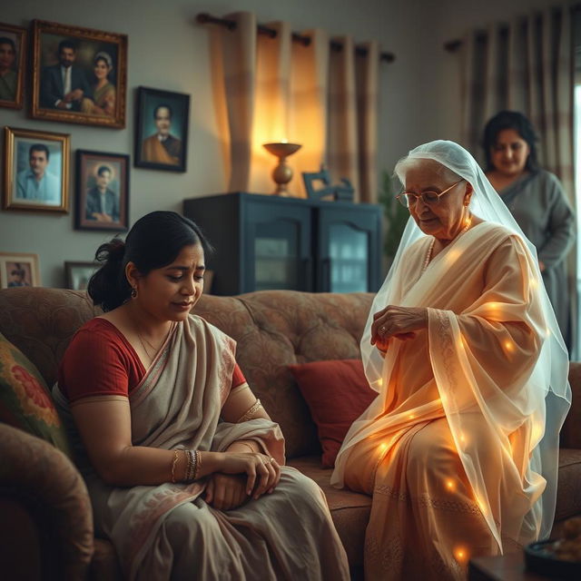 A dramatic yet humorous scene inside a cozy, well-furnished living room that creatively blends family tension and supernatural elements