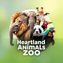 A stunning YouTube channel profile photo for 'Heartland Animals Zoo' featuring high-quality, real photographs of iconic animals: a lion, elephant, giraffe, panda, and a colorful bird
