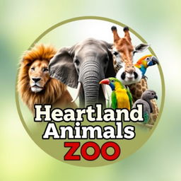 A stunning YouTube channel profile photo for 'Heartland Animals Zoo' featuring high-quality, real photographs of iconic animals: a lion, elephant, giraffe, panda, and a colorful bird