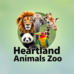 A stunning YouTube channel profile photo for 'Heartland Animals Zoo' featuring high-quality, real photographs of iconic animals: a lion, elephant, giraffe, panda, and a colorful bird