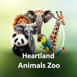 A stunning YouTube channel profile photo for 'Heartland Animals Zoo' featuring high-quality, real photographs of iconic animals: a lion, elephant, giraffe, panda, and a colorful bird