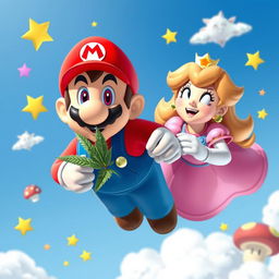 A humorous scene featuring Mario and Princess Peach with dazed, red eyes and relaxed expressions, appearing to float in the air