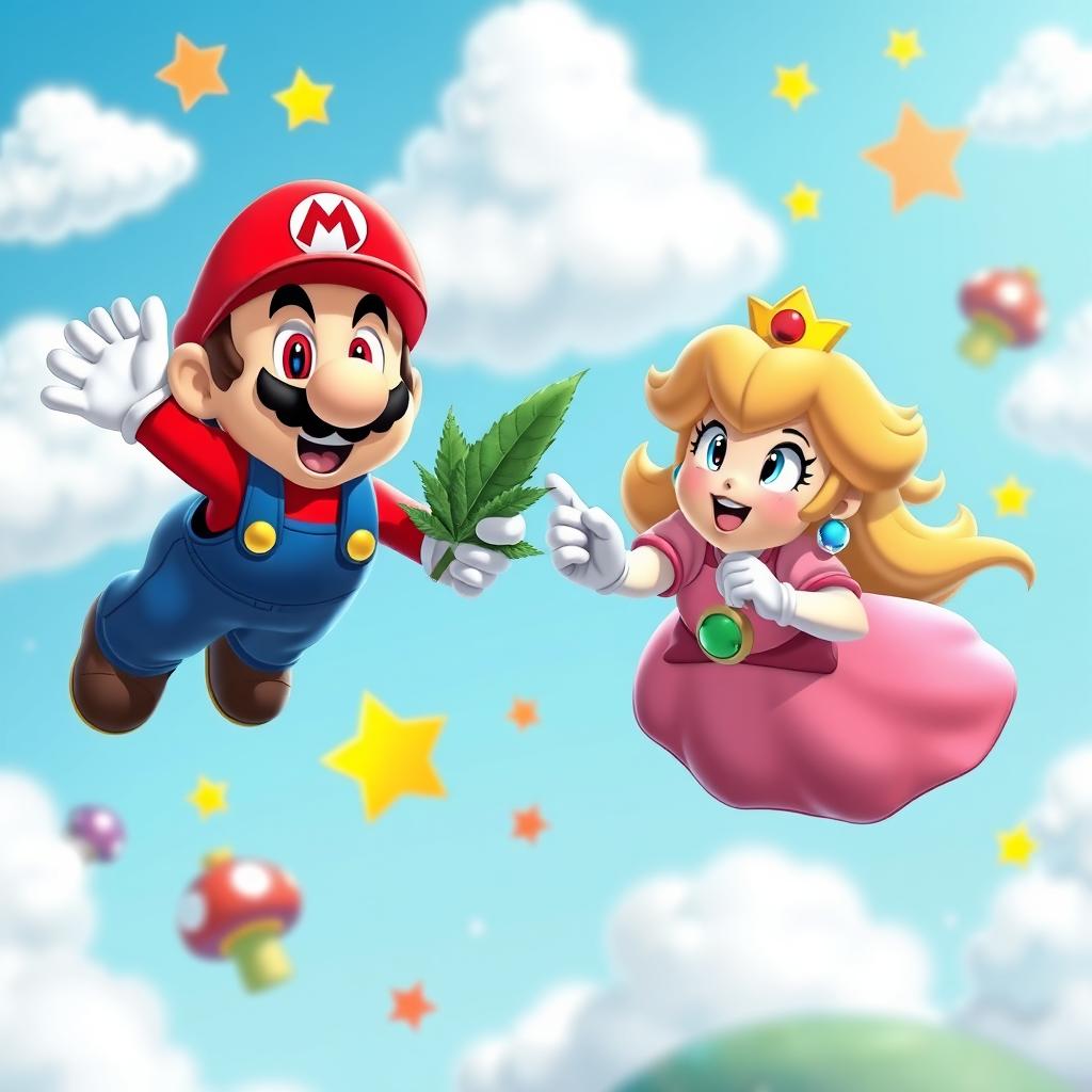 A humorous scene featuring Mario and Princess Peach with dazed, red eyes and relaxed expressions, appearing to float in the air