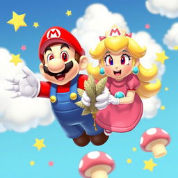 A humorous scene featuring Mario and Princess Peach with dazed, red eyes and relaxed expressions, appearing to float in the air