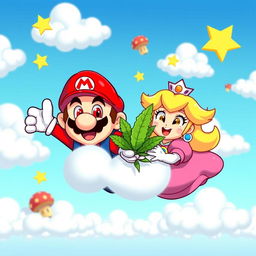 A humorous scene featuring Mario and Princess Peach with dazed, red eyes and relaxed expressions, appearing to float in the air
