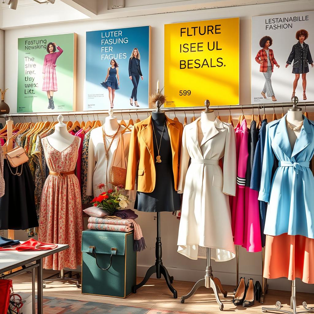A vibrant and eye-catching advertisement showcasing a collection of stylish, high-quality European second-hand clothing