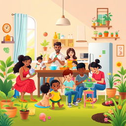 A vibrant vector illustration of a big family engaged in various household activities, showcasing diversity in appearance and tasks