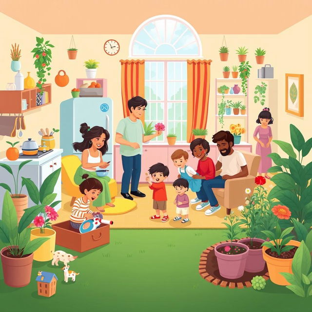 A vibrant vector illustration of a big family engaged in various household activities, showcasing diversity in appearance and tasks