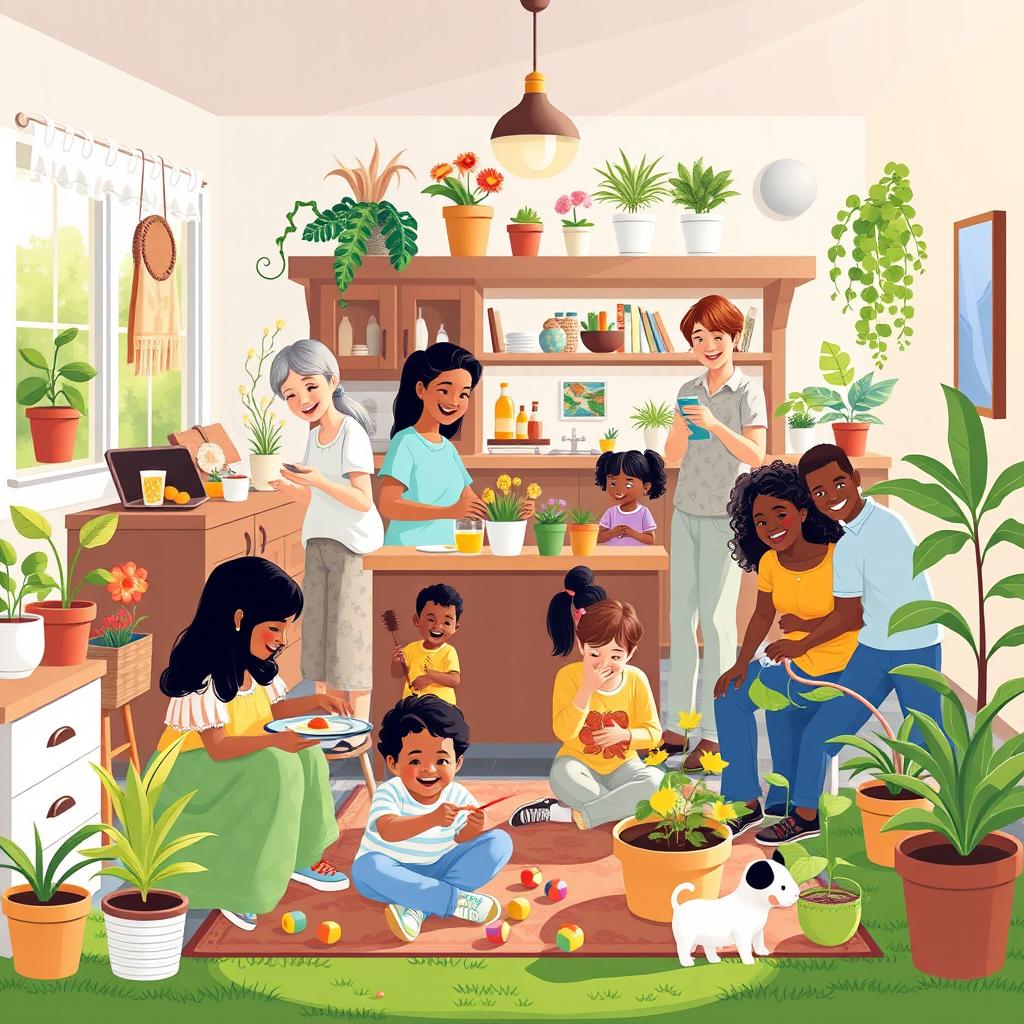 A vibrant vector illustration of a big family engaged in various household activities, showcasing diversity in appearance and tasks