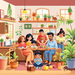 A vibrant vector illustration of a big family engaged in various household activities, showcasing diversity in appearance and tasks