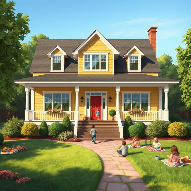 A large, inviting family house surrounded by a lush green garden, featuring a front porch with rocking chairs, large windows with flower boxes, and a cheerful pathway leading to the entrance