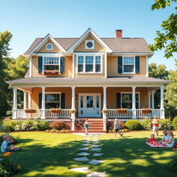 A large, inviting family house surrounded by a lush green garden, featuring a front porch with rocking chairs, large windows with flower boxes, and a cheerful pathway leading to the entrance