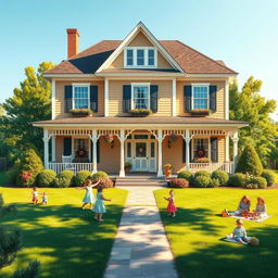 A large, inviting family house surrounded by a lush green garden, featuring a front porch with rocking chairs, large windows with flower boxes, and a cheerful pathway leading to the entrance