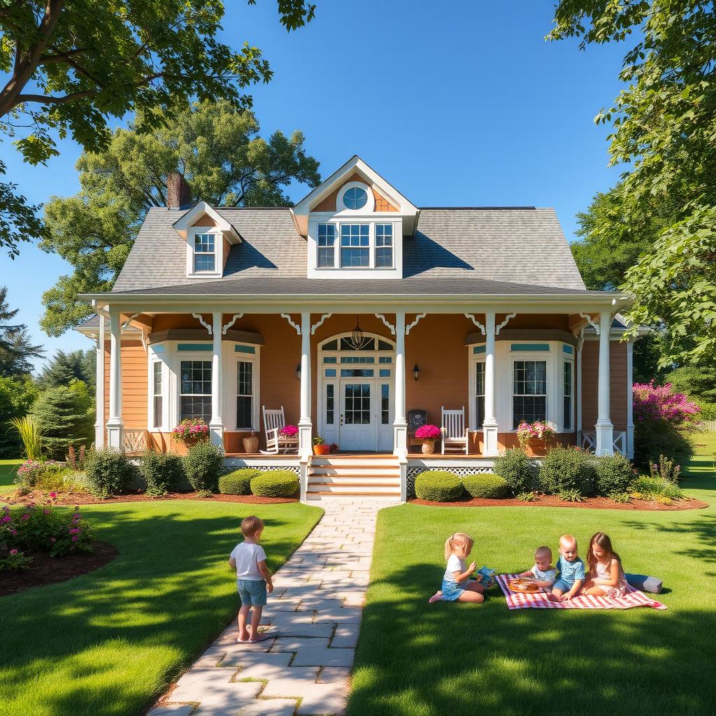 A large, inviting family house surrounded by a lush green garden, featuring a front porch with rocking chairs, large windows with flower boxes, and a cheerful pathway leading to the entrance