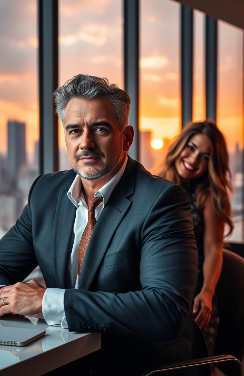 A powerful CEO with a charismatic presence, dressed in a well-tailored suit, sitting in a sleek modern office