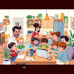A diverse and vibrant illustration of a big family working from home, showcasing different family members engaged in various activities