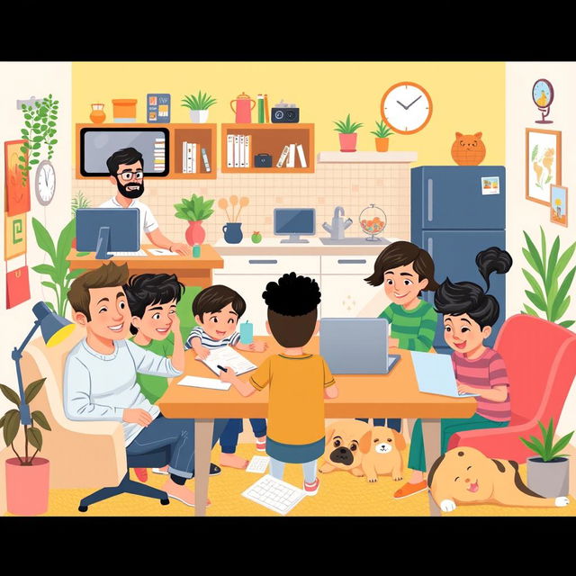 A diverse and vibrant illustration of a big family working from home, showcasing different family members engaged in various activities