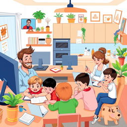 A diverse and vibrant illustration of a big family working from home, showcasing different family members engaged in various activities