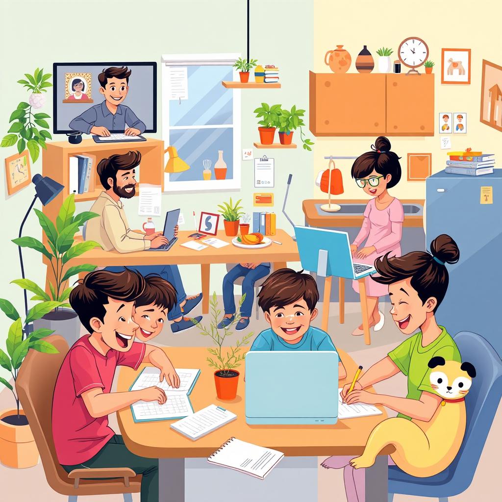 A diverse and vibrant illustration of a big family working from home, showcasing different family members engaged in various activities