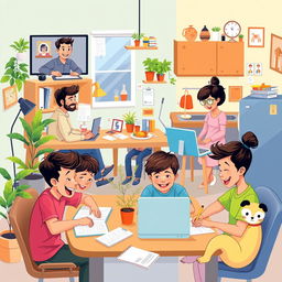 A diverse and vibrant illustration of a big family working from home, showcasing different family members engaged in various activities