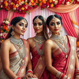 A stunning artistic representation of Indian women in a traditional wedding setting, wearing intricate and beautiful Indian traditional jewelry while being nude