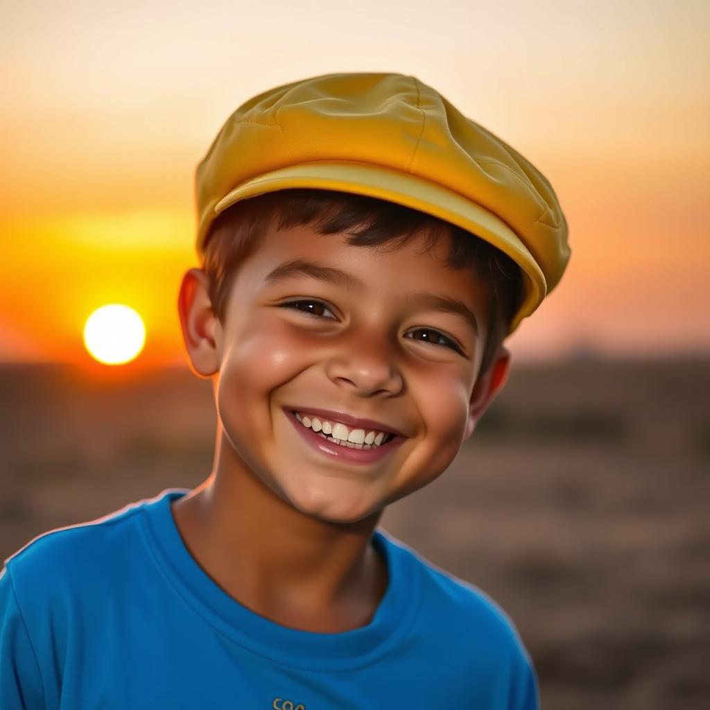 A cheerful boy wearing a bright blue shirt and a yellow cab hat, smiling brightly with a warm sunrise glowing in the background