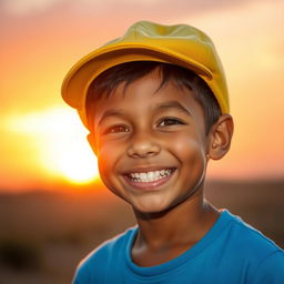 A cheerful boy wearing a bright blue shirt and a yellow cab hat, smiling brightly with a warm sunrise glowing in the background