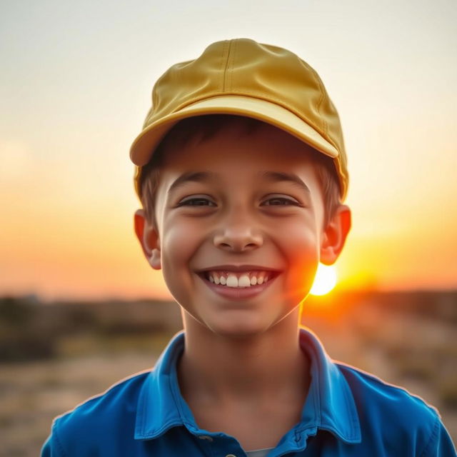 A cheerful boy wearing a bright blue shirt and a yellow cab hat, smiling brightly with a warm sunrise glowing in the background