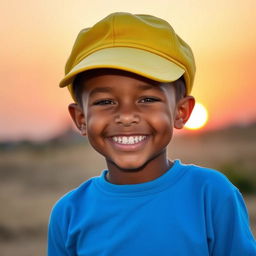 A cheerful boy wearing a bright blue shirt and a yellow cab hat, smiling brightly with a warm sunrise glowing in the background