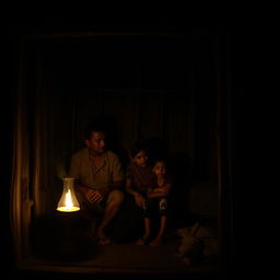 A family in a simple rural house in East Java, featuring a father, a mother, and a young daughter sitting together inside