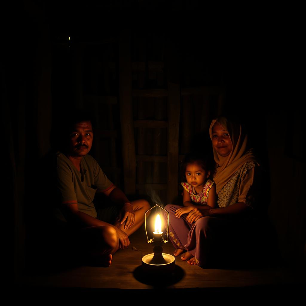 A family in a simple rural house in East Java, featuring a father, a mother, and a young daughter sitting together inside