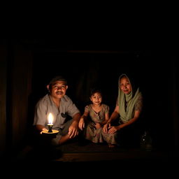 A family in a simple rural house in East Java, featuring a father, a mother, and a young daughter sitting together inside