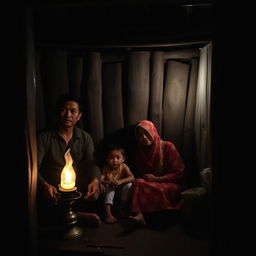 A family in a simple rural house in East Java, featuring a father, a mother, and a young daughter sitting together inside