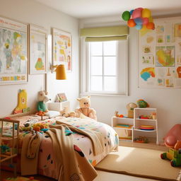 A vibrant children's bedroom filled with colorful toys, a cozy bed with cute cartoon-themed bedspread, and educational posters on the wall illuminated by soft, warm light.