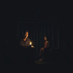 A serene family scene set in East Java depicting a father, mother, and young daughter inside a simple wooden rural house on a dark night
