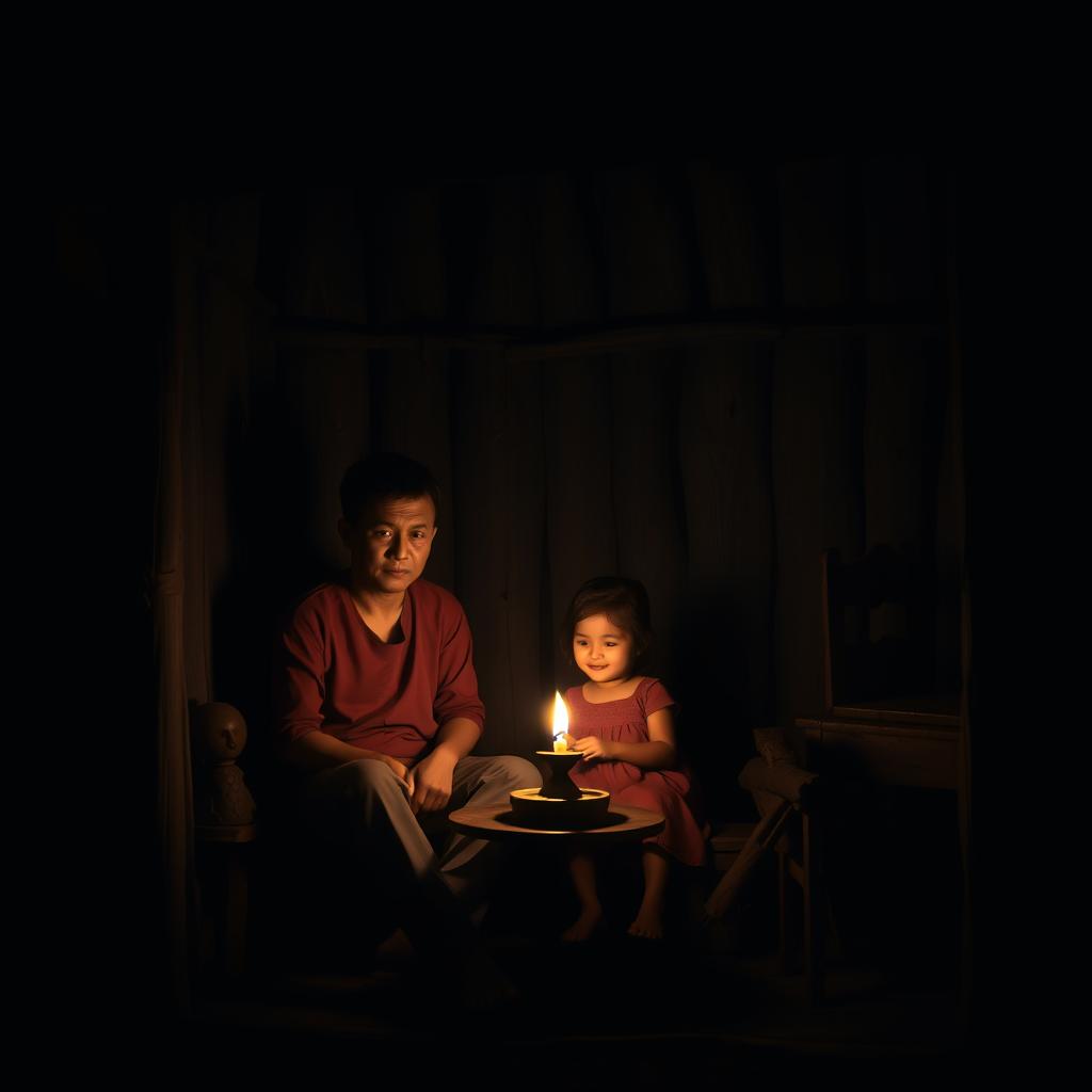 A serene family scene set in East Java depicting a father, mother, and young daughter inside a simple wooden rural house on a dark night
