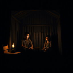 A serene family scene set in East Java depicting a father, mother, and young daughter inside a simple wooden rural house on a dark night