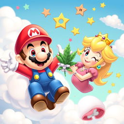 A lighthearted and humorous scene featuring Mario and Princess Peach with dazed, red eyes and relaxed expressions, as if they're floating in the air