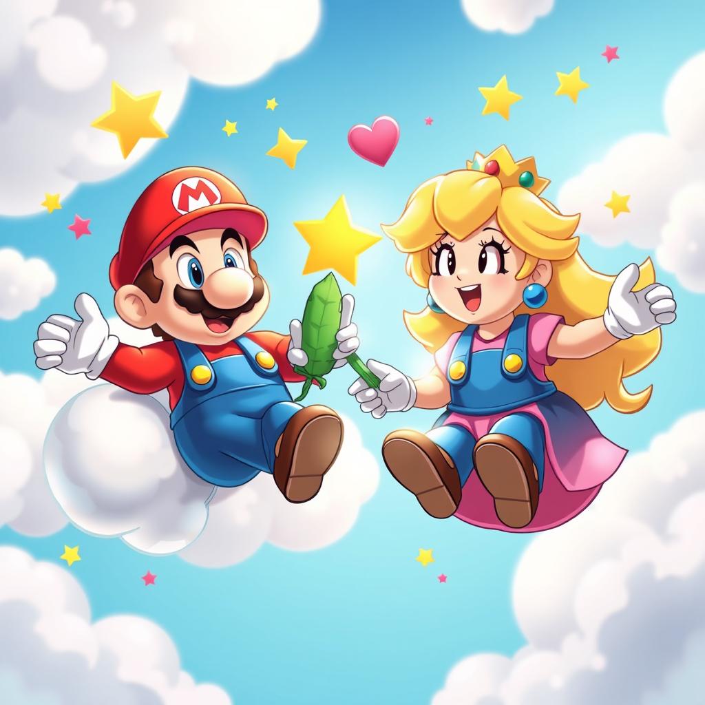 A lighthearted and humorous scene featuring Mario and Princess Peach with dazed, red eyes and relaxed expressions, as if they're floating in the air