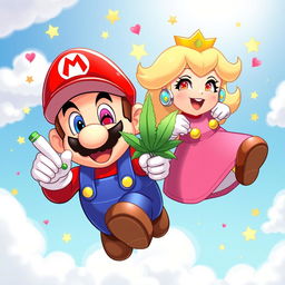 A lighthearted and humorous scene featuring Mario and Princess Peach with dazed, red eyes and relaxed expressions, as if they're floating in the air