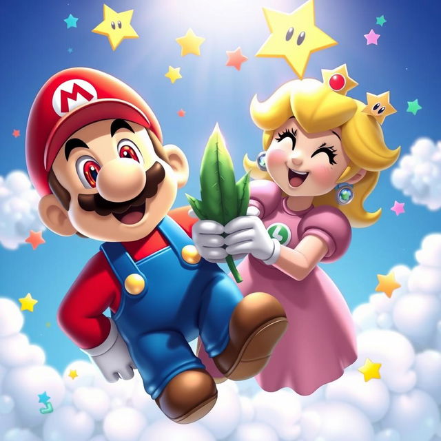 A lighthearted and humorous scene featuring Mario and Princess Peach with dazed, red eyes and relaxed expressions, as if they're floating in the air