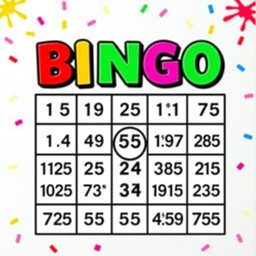 A colorful bingo card layout featuring a traditional 5x5 grid filled with numbers, each square displaying a random number ranging from 1 to 75