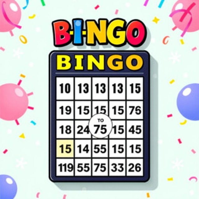 A colorful bingo card layout featuring a traditional 5x5 grid filled with numbers, each square displaying a random number ranging from 1 to 75