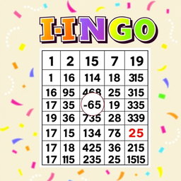A colorful bingo card layout featuring a traditional 5x5 grid filled with numbers, each square displaying a random number ranging from 1 to 75