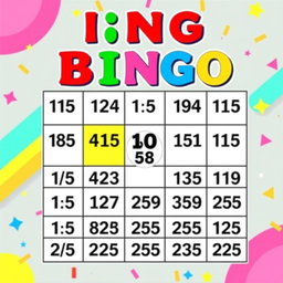 A colorful bingo card layout featuring a traditional 5x5 grid filled with numbers, each square displaying a random number ranging from 1 to 75