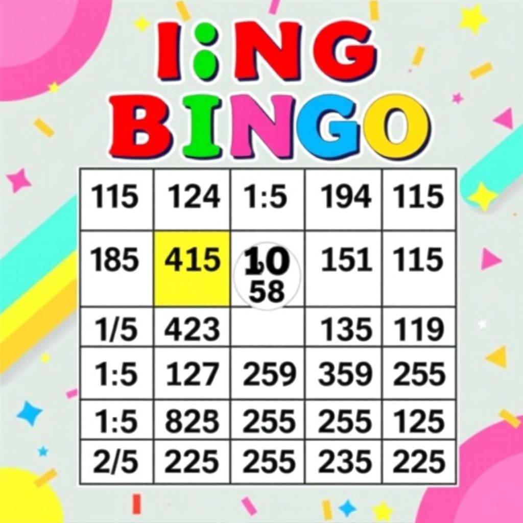 A colorful bingo card layout featuring a traditional 5x5 grid filled with numbers, each square displaying a random number ranging from 1 to 75